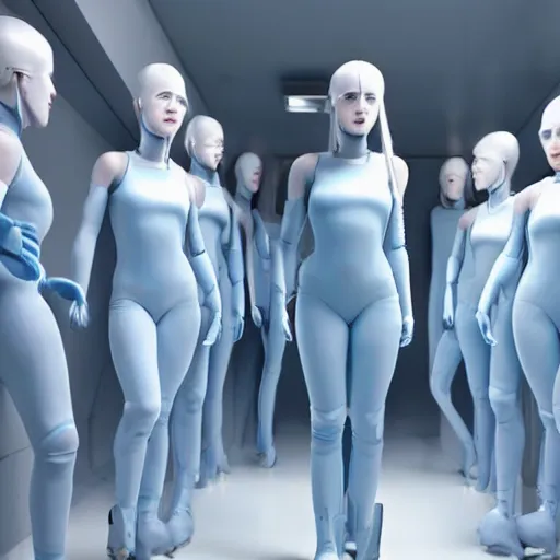 Image similar to troop of cloned women with white bob hairdos, tight light blue neopren suits, futuristic cloning facility, sci - fi, highly detailed, cinematic