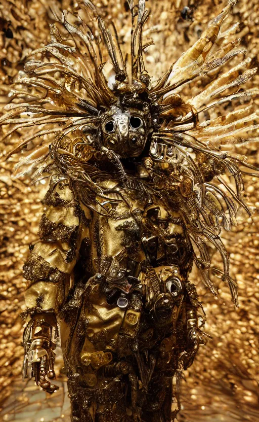 Prompt: full size golden armor, cultist robe, flower mask, ornate, made of sniny latex, feathers, crystals, and smoke by giger and irene van herpen + cyberpunk + steampunk + bees + flowers, insects, honeycombs + sharpened + extremely detailed + harsh gallery lighting + cinematic