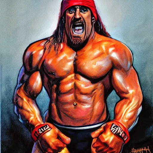 Prompt: wrestler hulk hogan, photorealistic, ring of fire, painted by simon bisley