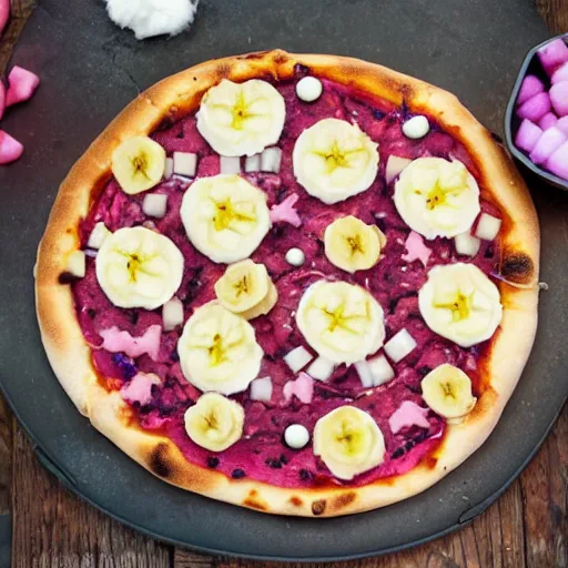 Prompt: unicorn pizza with banana and candy floss topping