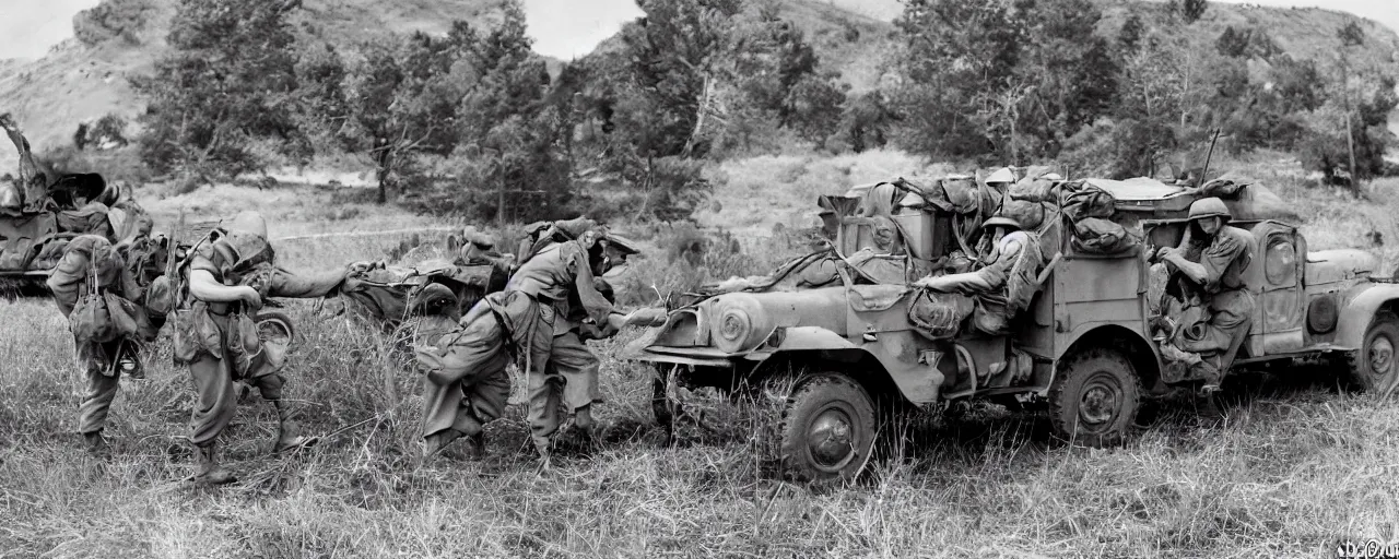 Prompt: transporting spaghetti, world war 2, u. s. army, canon 5 0 mm, kodachrome, in the style of ansel adams, retro