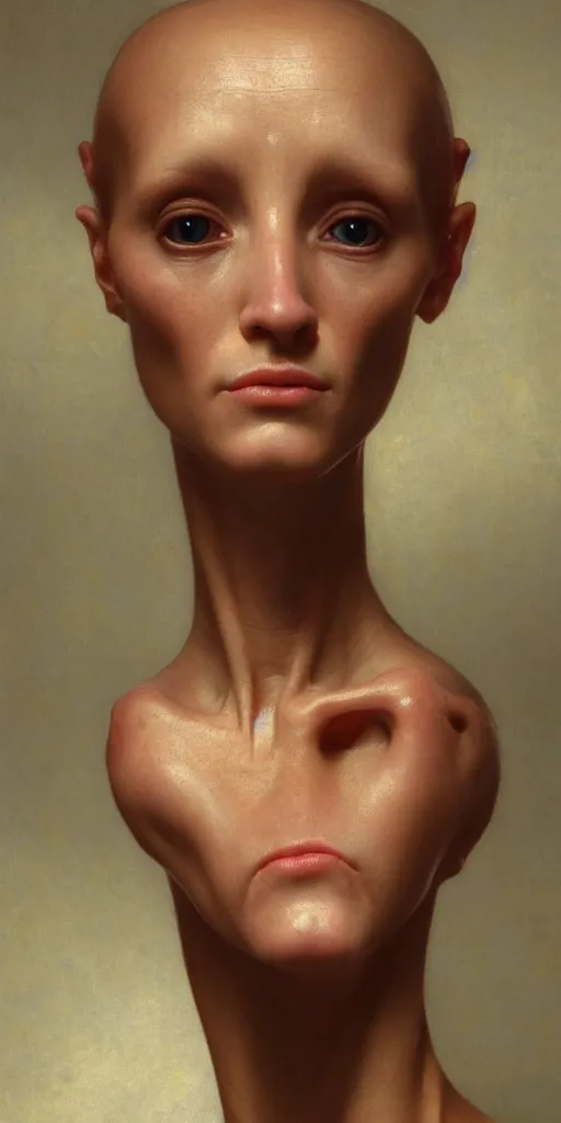 Image similar to A beautiful female alien face with a very long neck, alien is from the future, Realistic, Refined, Detailed Digital Art, Oil Painting, William-Adolphe Bouguereau, Pre-Raphaelite,Renaissance, Highly Detailed, Cinematic Lighting, Unreal Engine, 8K