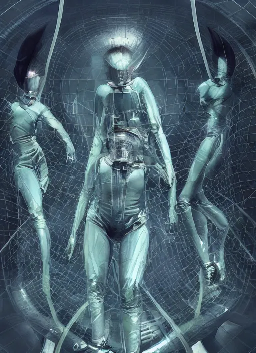 Image similar to astronauts girls in dark void underwater - complex and hyperdetailed technical suit design. reflection and dispersion materials. rays and dispersion of light. volumetric light. f / 3 2. noise film photo. flash photography. ultra realistic, wide angle. poster by wayne barlowe, hajime sorayama aaron horkey, craig mullins