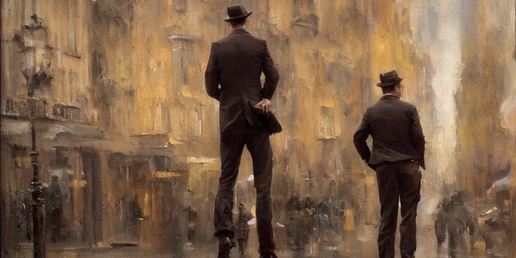 Image similar to we see ewan mcgregor from behind. gentleman ´ s outfit at early 2 0 th century paris, atmospheric feeling, warm colours, brown colours, yellow colours, epic scene, cinematic, very detailed, oil painting