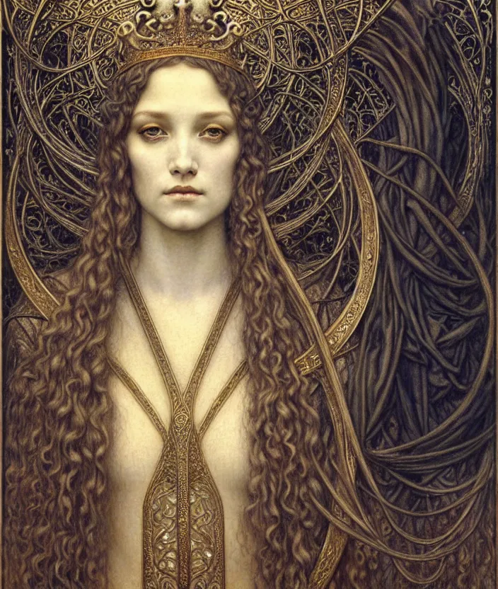 Image similar to detailed realistic beautiful young medieval queen face portrait by jean delville, gustave dore and marco mazzoni, art nouveau, symbolist, visionary, gothic, pre - raphaelite. horizontal symmetry