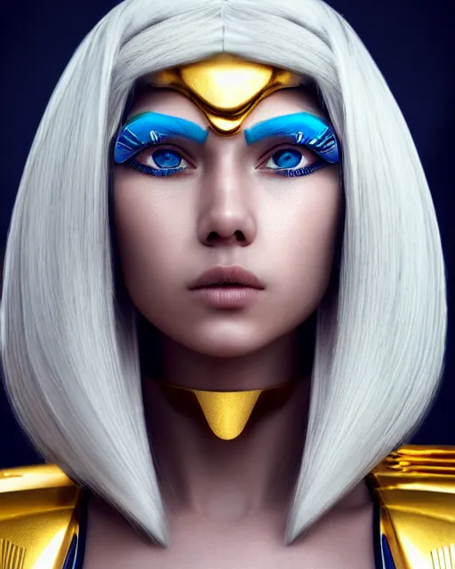 Image similar to girl in egypt, egyptian cyborg armor, white hair, atmosphere, gold, detailed, intricate, desert, beautiful face, cinematic lighting, trending on artstation, blue eyes, 4 k, focused, extreme details, cinematic, masterpiece, by akihito tsukushi