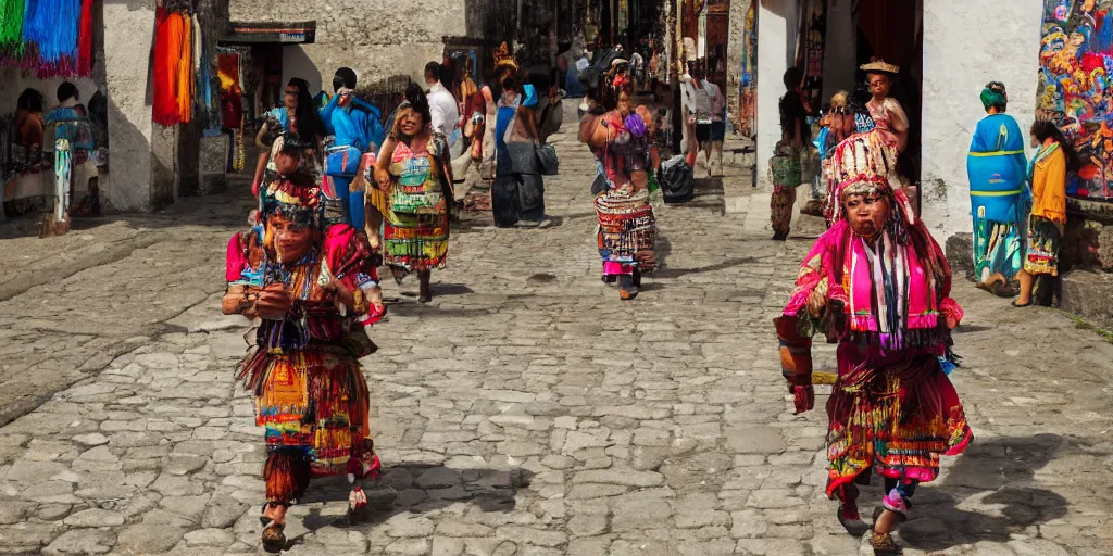 Image similar to guatemala in the 1 5 0 0 s filled with ancient tikal mayan architecture, mayan woman walking the streets, indians in traditional wear haggling with the street vendors, surreal, beautiful, hyper realistic, trending on artstation, 8 k, hd