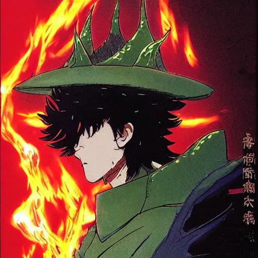 Image similar to portrait of Spike Spiegel fire Wizard Mage Wearing an obsidian vest whilst disguised as a devil atop the volcano uta natsume naoko takeuchi katsuhiro otomo Alexey Egorov Inio Asano sui ishida anime mangaka