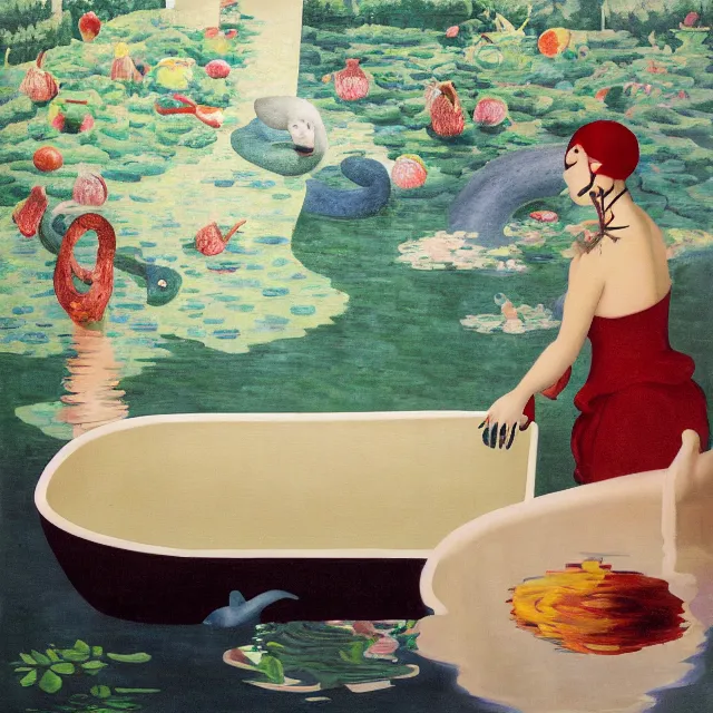 Prompt: female emo art student in her bath, painting of flood waters inside an artist's feminine bathroom, a river flooding indoors, pomegranates, pigs, ikebana, water, octopus, river, rapids, waterfall, black swans, canoe, berries, acrylic on canvas, surrealist, by magritte and monet