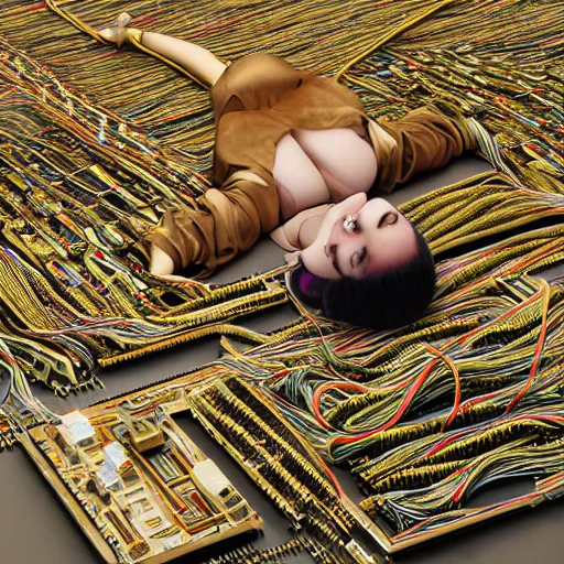 Image similar to tapping in to something greater, piles of modular synth cables, goddess laying down wearing a big headpiece made of circuit boards in a photo shoot for balenziaga, wlop, stanley kubrick, masamune, junji ito, unique perspective, eastman color, perfect details, trending on artstation, 3 d render, smooth render