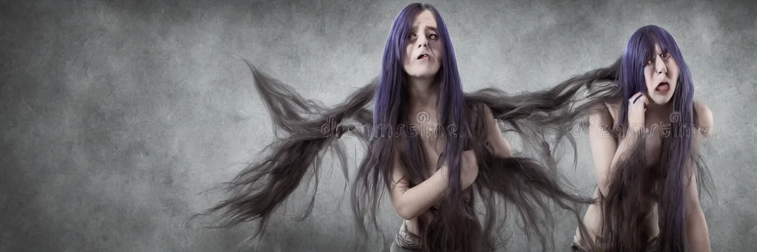 Prompt: a young woman with a long blue hair looking in panic at the result of a roll in dungeon and dragons, stock photo, ultra high resolution 4 k,