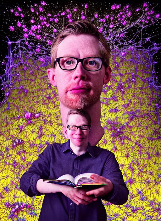 Prompt: hyper detailed 3d render like a Oil painting - friendly professional portrait of author Hank Green in Aurora seen Eating of the Strangling network of yellowcake aerochrome and milky Fruit and Her delicate Hands hold of gossamer polyp blossoms bring iridescent fungal flowers whose spores black the foolish stars by Jacek Yerka, Mariusz Lewandowski, Houdini algorithmic generative render, Abstract brush strokes, Masterpiece, Edward Hopper and James Gilleard, Zdzislaw Beksinski, Wolfgang Lettl, hints of Yayoi Kasuma, octane render, 8k