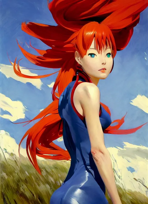 Prompt: Greg Manchess painting of Asuka Langley Soryu in Plugsuit out with the dogs, EVA unit-00 in the back, countryside, fantasy character portrait, dynamic pose, above view, sunny day, thunder clouds in the sky, artwork by Jeremy Lipkin and Giuseppe Dangelico Pino and Michael Garmash and Rob Rey, very coherent asymmetrical artwork, sharp edges, perfect face, simple form, wacky, 100mm