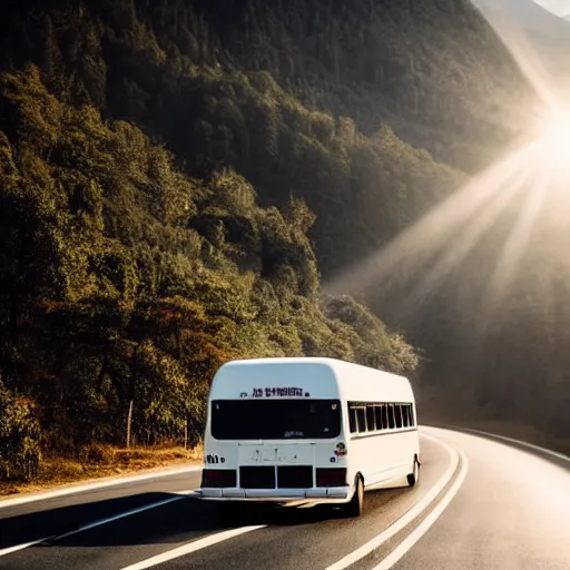 Prompt: white - blue bus on misty highway scene, the sun shining through the mountain peaks