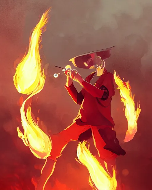 Image similar to squidward wearing fire nation clothing and practicing firebending outside at susnset, [ greg rutkowski ]