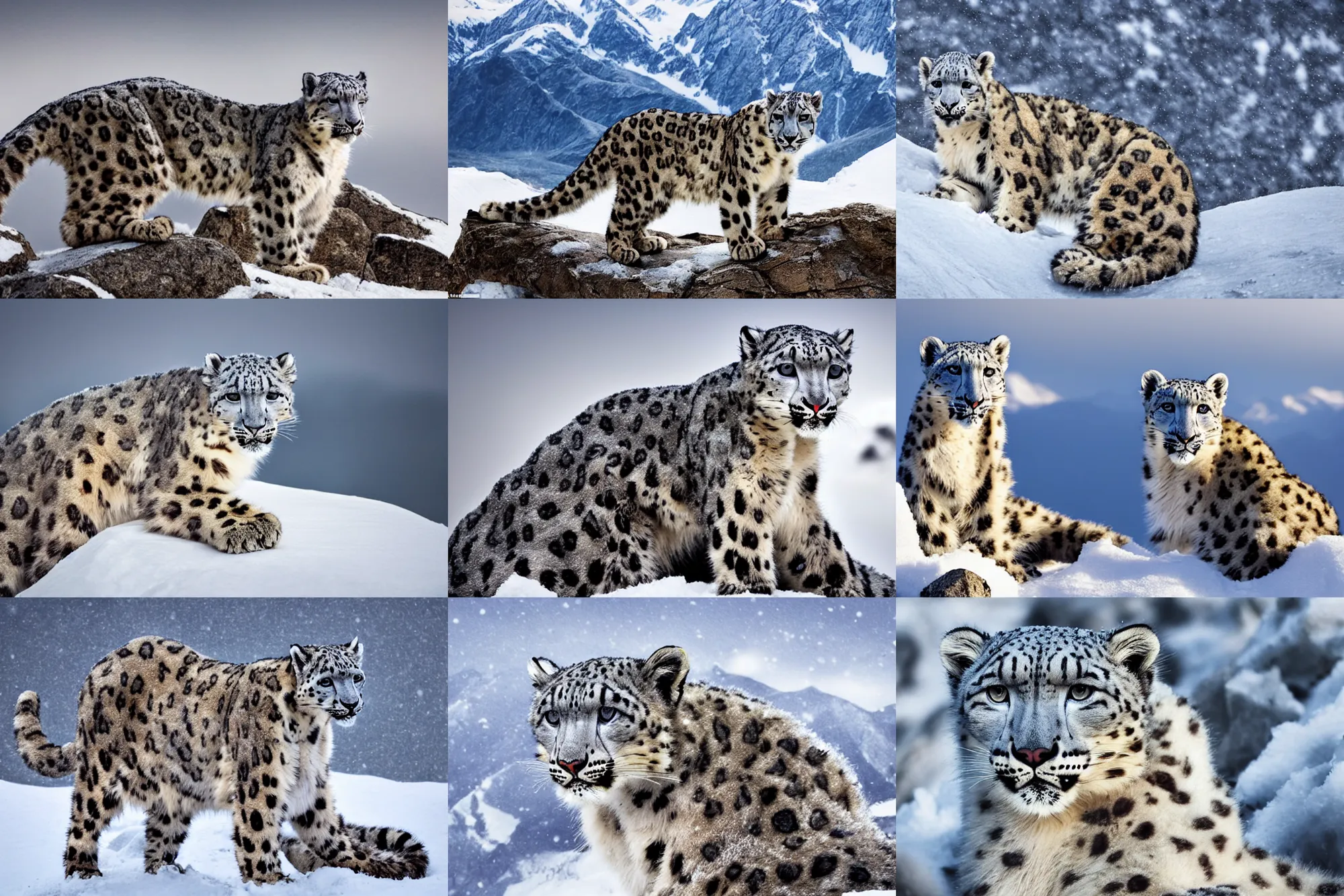 Prompt: a portrait of a snow leopard looking over its shoulder, standing on top of a snow covered mountain, a jigsaw puzzle by peter snow, shutterstock contest winner, naturalism, sense of awe, national geographic photo, majestic