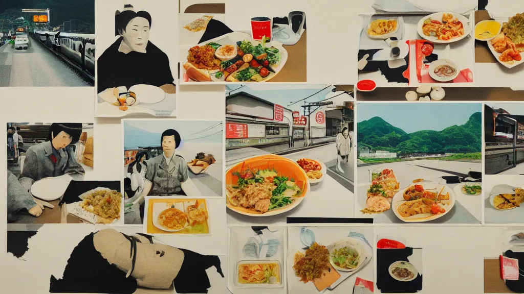Prompt: tourist's meal on the bullet train, rural japan, a collage painting, in the style of wes anderson, lola dupre, david hockney, isolated on negative white space background dark monochrome neon spraypaint accents volumetric octane render