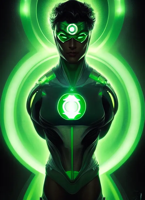 Image similar to symmetry!! portrait of green lantern, tech wear, glowing lights!! intricate, elegant, highly detailed, digital painting, artstation, concept art, smooth, sharp focus, illustration, art by artgerm and greg rutkowski and alphonse mucha