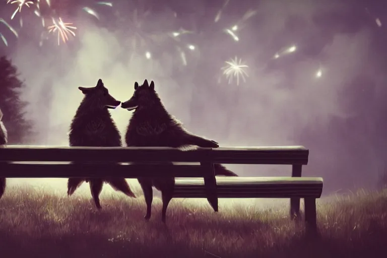 Image similar to two wolves sitting on a bench in a park at night watching fireworks, artstation, 4k