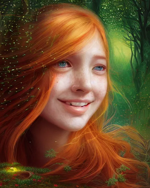 Prompt: infp girl, smiling, amazed by the lights of golden fireflies, sitting in the midst of nature fully covered, long loose red hair, intricate linework, dreamy green eyes, small nose with freckles, oval shape face, realistic, expressive emotions, dramatic lights, spiritual scene, hyper realistic ultrafine digital art by james jean and albert bierstadt and artgerm