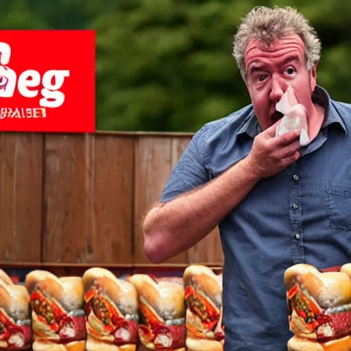 Image similar to jeremy clarkson crying in front of a mountain of hot dogs