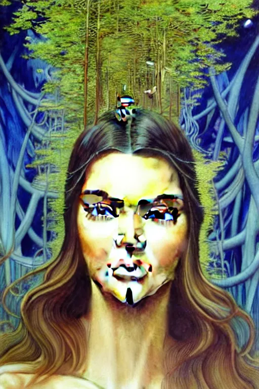 Prompt: realistic detailed face portrait painting of a beautiful kendall jenner with blond hair with sci-fi headwear, futuristic sci-fi forest on background by Jean Delville, Amano, Yves Tanguy, Alphonse Mucha, Edward Robert Hughes, Roger Dean, moebius, hilma af klint, rich moody colours, blue eyes