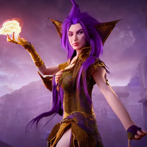 Image similar to 8k unreal engine render of a half-elf sorceress with purple hair from dungeons and dragons, beautiful, symmetrical face, a fireball spell forms in her hands, in a crowded ancient persian city, insanely detailed, depth of field unreal engine ultra-wide angle lens, volumetric lighting, vivid color