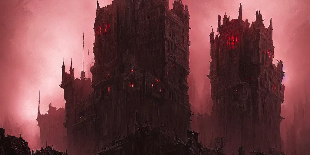 Image similar to grimdark fantasy fortress, terrifying architecture, looming, dark, fog, atmospheric red lighting, flying chaos creatures, dark souls, hyperrealistic, art by sparth