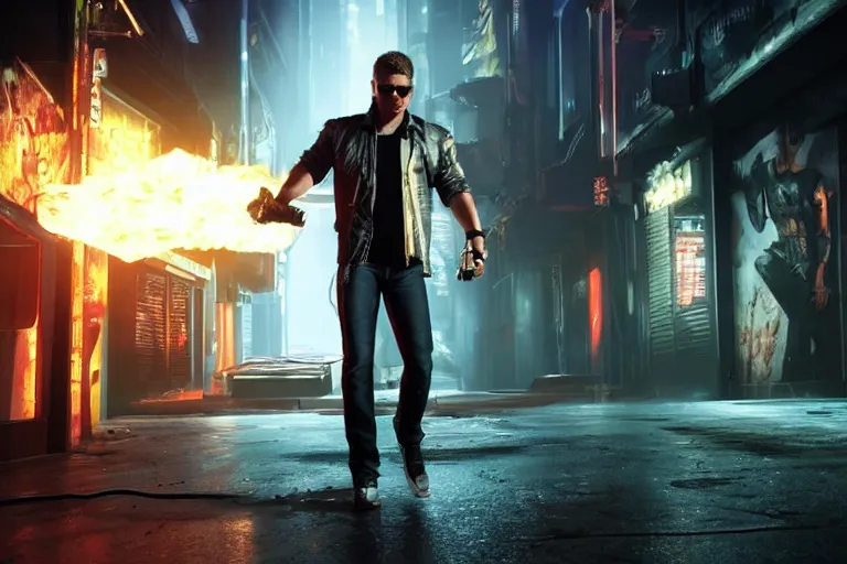 Image similar to a detailed full bodied 3 d render of an extremely handsome jensen ackles as the terminator walking down a dark alley in cyberpunk 2 0 7 7 and holding a glowing electrified katana, facing the camera, explosion in the background, volumetric lighting, octane render, 8 k, art by greg rutkowski and albert bierstadt and alphones mucha