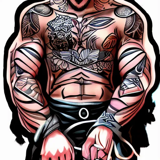 Image similar to muscular bald man, tattooed body, sword in hands, HD, anime style,