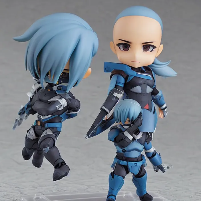 Image similar to destiny commander zavala!!!!!!!!!!!!!!!!!!!!!!!!!!, an ( ( ( ( ( anime ) ) ) ) ) nendoroid of commander zavala, male figurine, light - blue skin and bald!!!!!!!!, detailed product photo