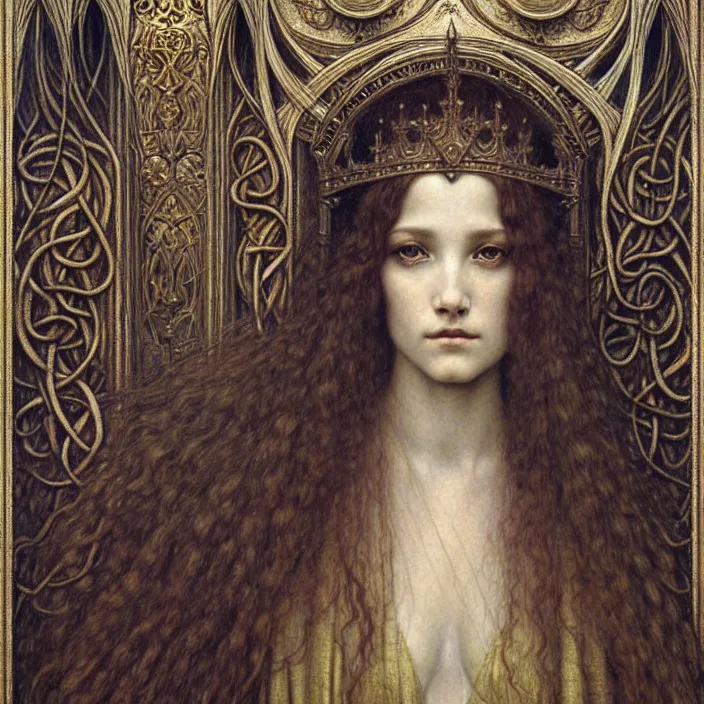 Image similar to detailed realistic beautiful young medieval queen face portrait by jean delville, gustave dore and marco mazzoni, art nouveau, symbolist, visionary, gothic, pre - raphaelite. horizontal symmetry