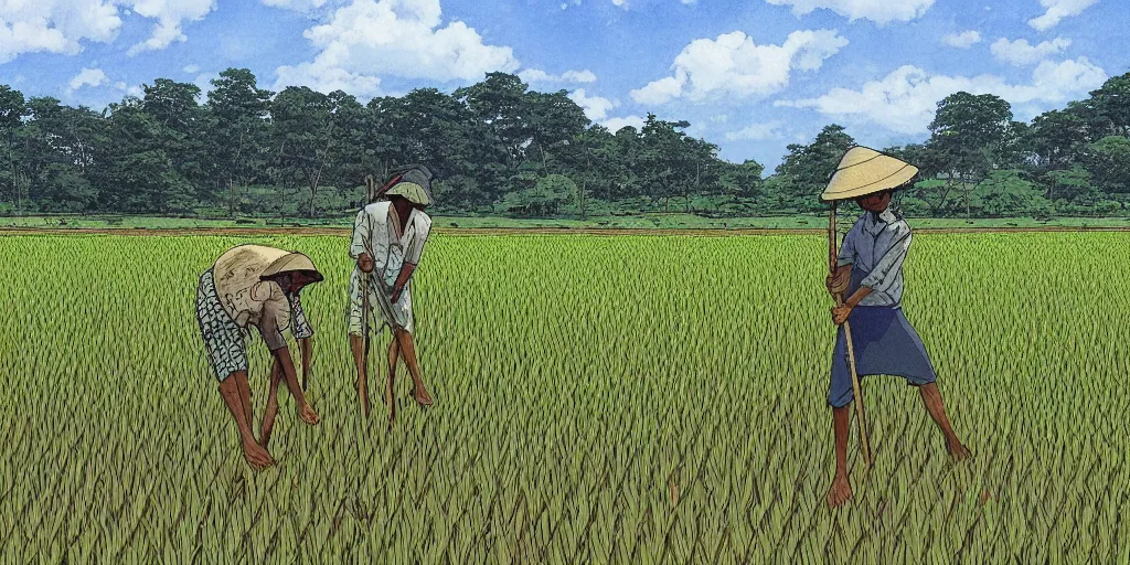 Image similar to sri lankan paddy field farmer, drawn by hayao miyazaki