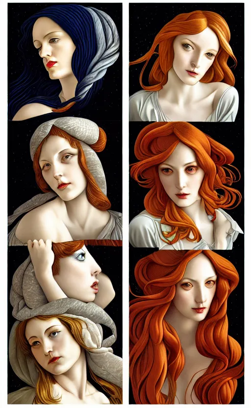 Image similar to the 12 months of the year as figures, (3 are Winter, 3 are Spring, 3 are Summer and 3 are Autumn), in a mixed style of Botticelli and Æon Flux, inspired by pre-raphaelite paintings and shoujo manga, hyper detailed, stunning inking lines, flat colors, 4K photorealistic