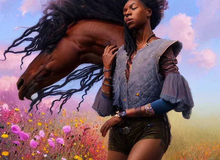 Image similar to full body portrait of young black woman riding a horse, flowing dreads, beautiful clydesdale, field of colorful flowers, highly detailed, digital painting, artstation, concept art, smooth, sharp focus, illustration, face by wlop, illustrated by mars ravelo and greg rutkowski