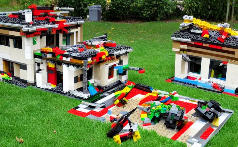 Image similar to a crashed villa made out of lego, pieces of lego laying on the lawn