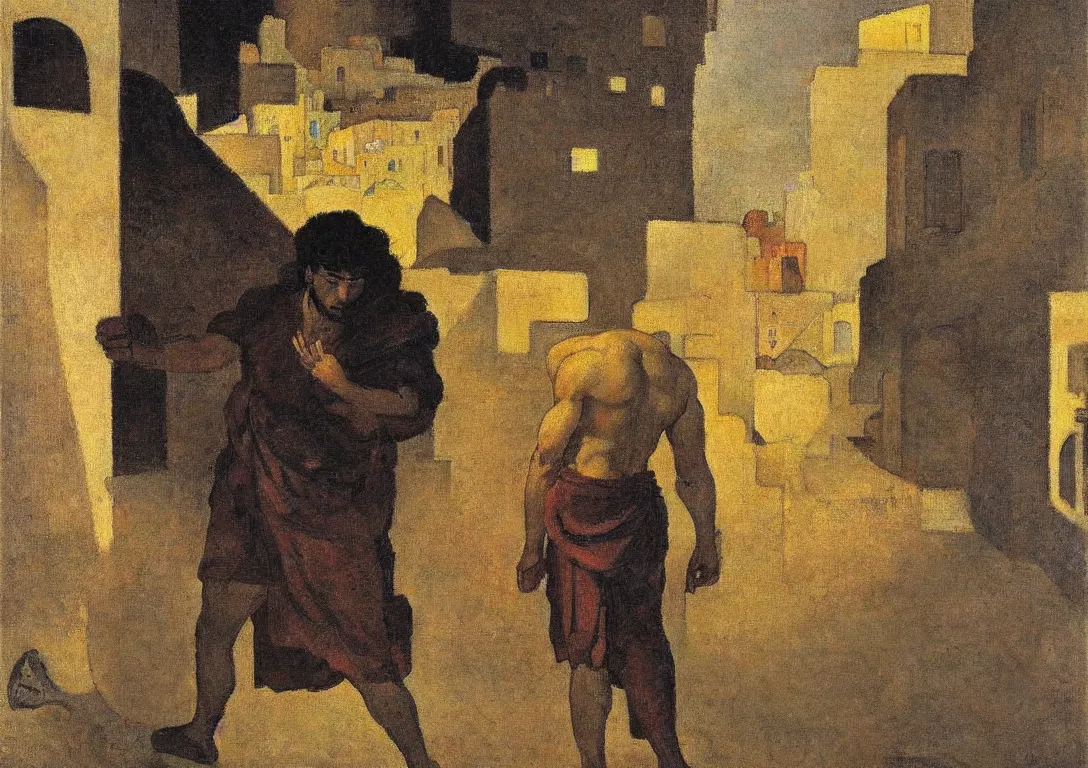 Prompt: a latino greek god following a watchful light through the streets of a city, muted color scheme, sparse detail, by george luks, joan miro and moebius