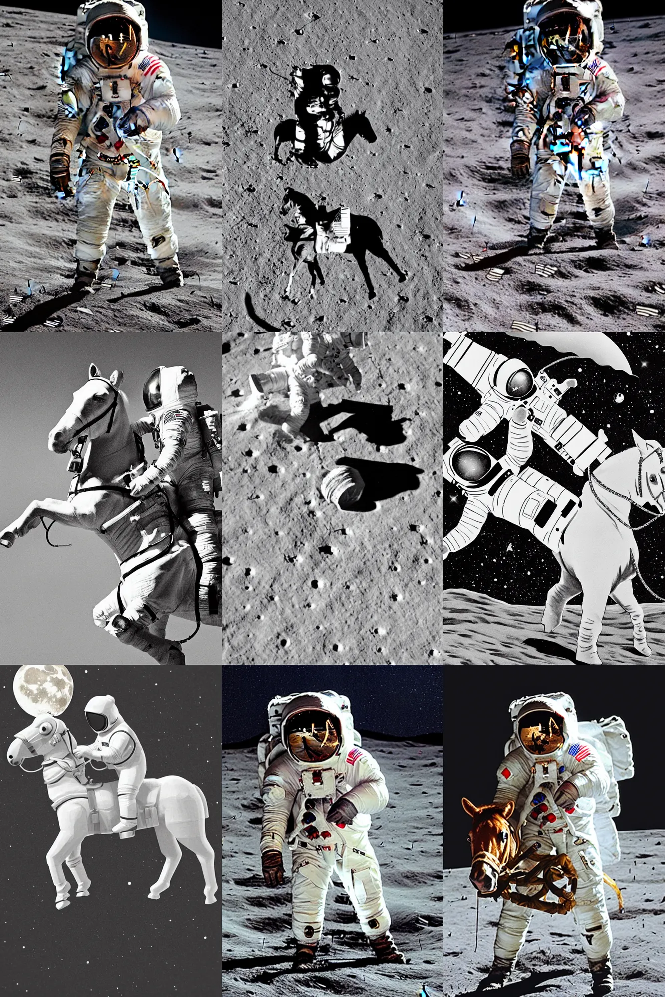 Prompt: astronaut on the moon, on the head of astronaut is a horse, horse on the astronaut, horse on the head,