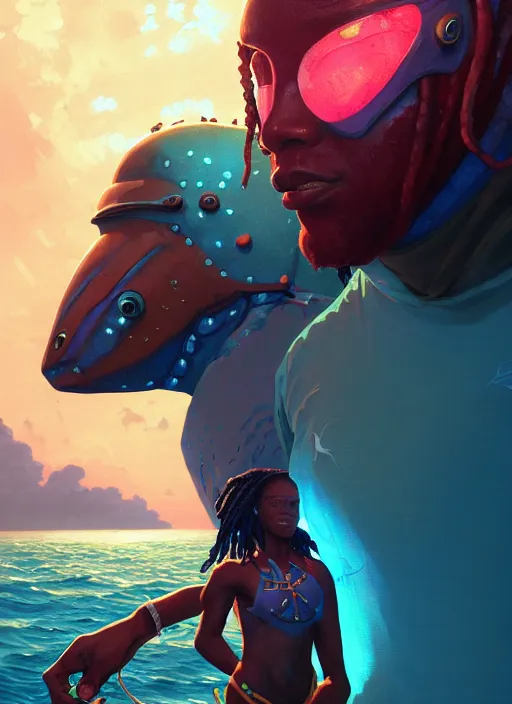 Image similar to portrait of a jamaican fisherman sci - fi glowing fishing armor muscular cyberpunk intricate elegant highly detailed digital painting artstation concept art, ocean background, jamaican colors, cinematic, greg rutkowski, loish, rhads, ferdinand knab, makoto shinkai and lois van baarle, ilya kuvshinov, rossdraws, tom bagshaw