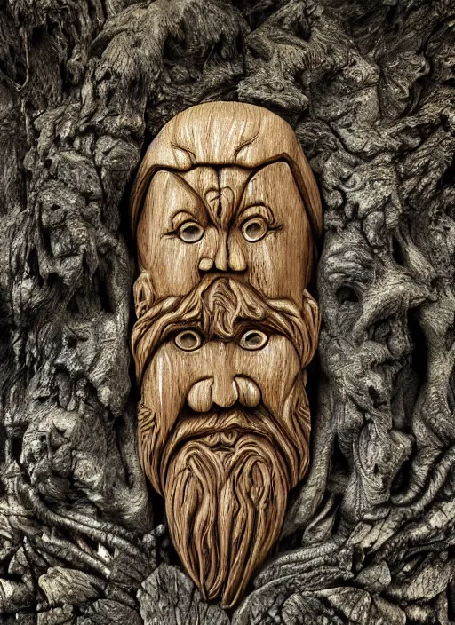 Image similar to wooden sculpture of a druid face, etched with Celtic symbols, eyes open, at a majestic forest waterfall + cascading water + fluid dynamics + particle physics, rocks, flowers, oak leaves, brown silk, glowing gold and silver embers, song of the sea inspired, Rasterized render, cgi, 3d, hyper-detailed, ultra-realistic, photo-bash, 8k post-production, masterpiece