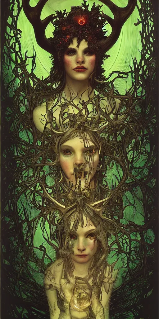 Image similar to intense bioluminescent pagan god with antlers and fangs and intense glowing eyes in very dark forest by mark ryden and alphonse mucha, portrait, fantasy, clear, light beams, lens flare, intense, uhd, amazing depth, cinematic lighting