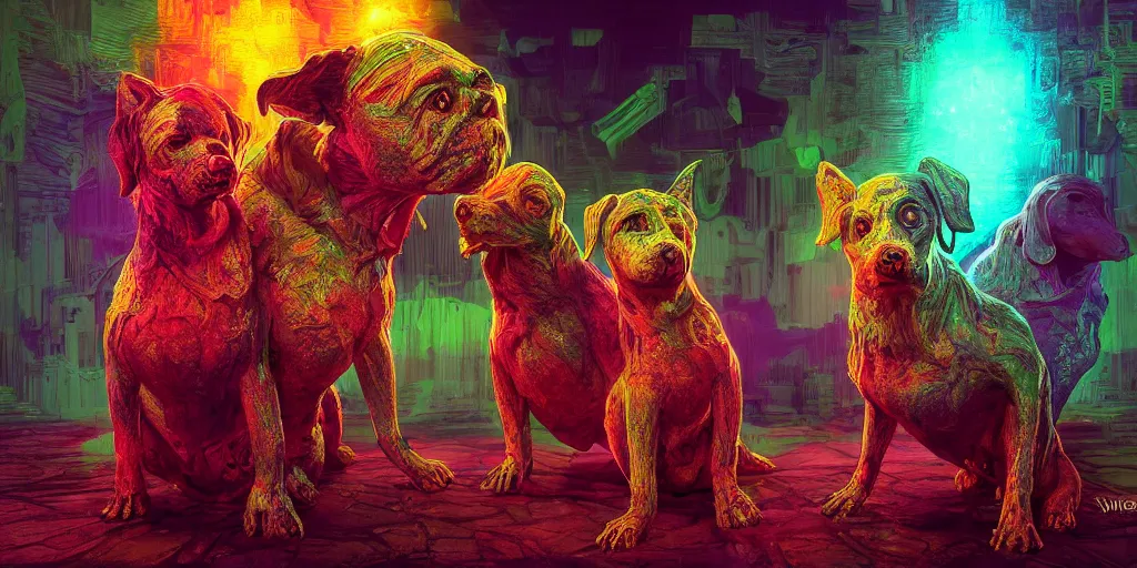 Prompt: the photo of pregnant three-headed dog and priest, bright color, dripping salvia, horror, 3D, high details, by vincent di fate, artgerm julie bell beeple, 90s, octane render, 8K, volumetric lighting, high contract, duo tone, depth of field, very coherent symmetrical artwork