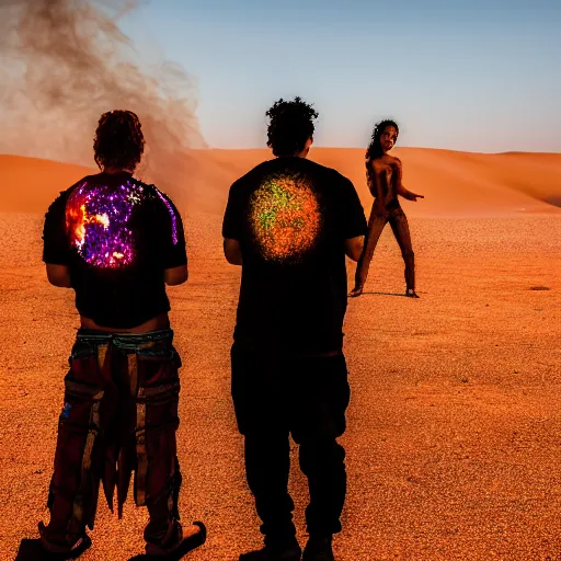 Image similar to photograph of three ravers photographed from behind, talking around a fire, photorealistic, dancefloor kismet, diverse costumes, clean composition, desert transition area, bonfire, night, australian desert, xf iq 4, symmetry, sony a 7 r, 1 5 0 mp, 5 0 mm