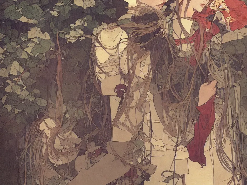 Image similar to a wandering ronin in a japanese village, dusk, by fiona staples, range murata, alphonse mucha