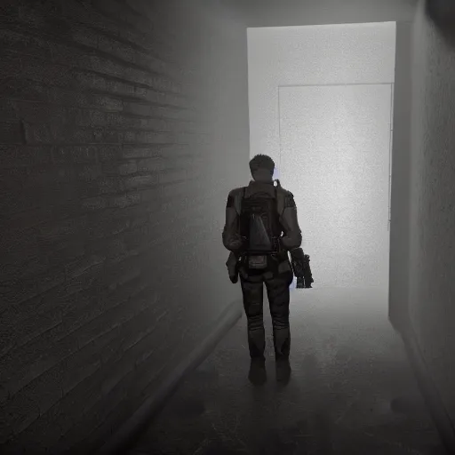 Image similar to joshua graham standing in a dark hallway, resident evil, horror, fallout new vegas, unreal engine, 8 k, ray tracing