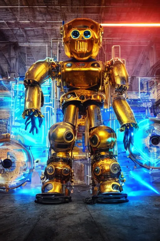 Prompt: portrait photo of a giant huge golden and blue metal humanoid steampunk robot with big gears and tubes in pieces all over the floor, eyes are glowing red lightbulbs, shiny crisp finish, 3 d render, 8 k, insaneley detailed, fluorescent colors, background is multicolored lasershow