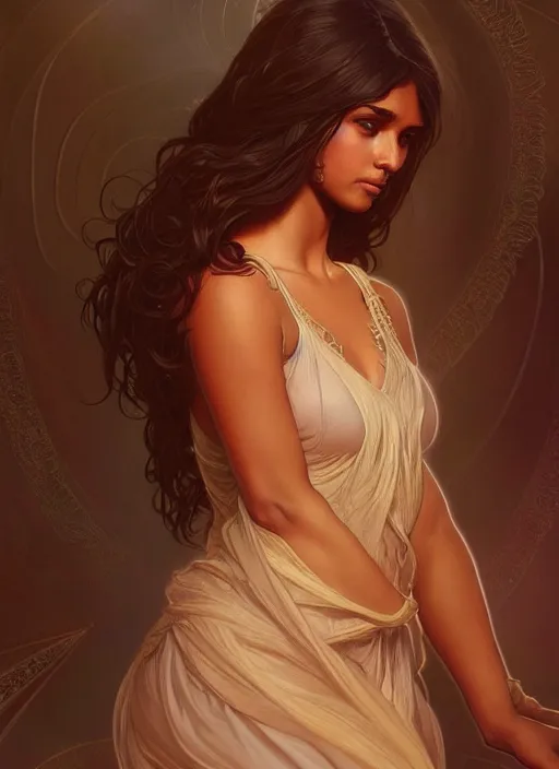 Image similar to cute brown woman wearing a transparent night gown, fantasy, intricate, highly detailed, digital painting, artstation, concept art, wallpaper, smooth, sharp focus, illustration, art by artgerm and greg rutkowski and alphonse mucha