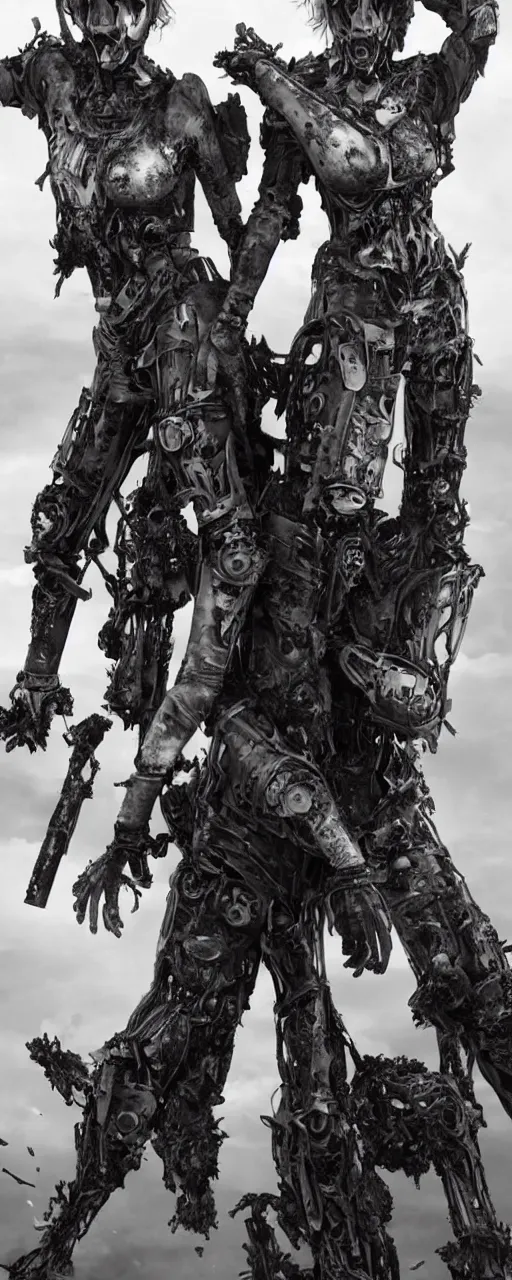 Image similar to Emma Watson fractal armour twinned conjoined sisters action poses dishevelled photorealistic portrait grimy sweating wet face dirty t-shirt and torn jeans in broken biomechanical fractal armour abandoned exploding sci-fi gas station, dark and dim atmospheric smog trending on artstation 8k matte painting, dramatic lighting, dramatic shadows professional photograph by Irving Penn