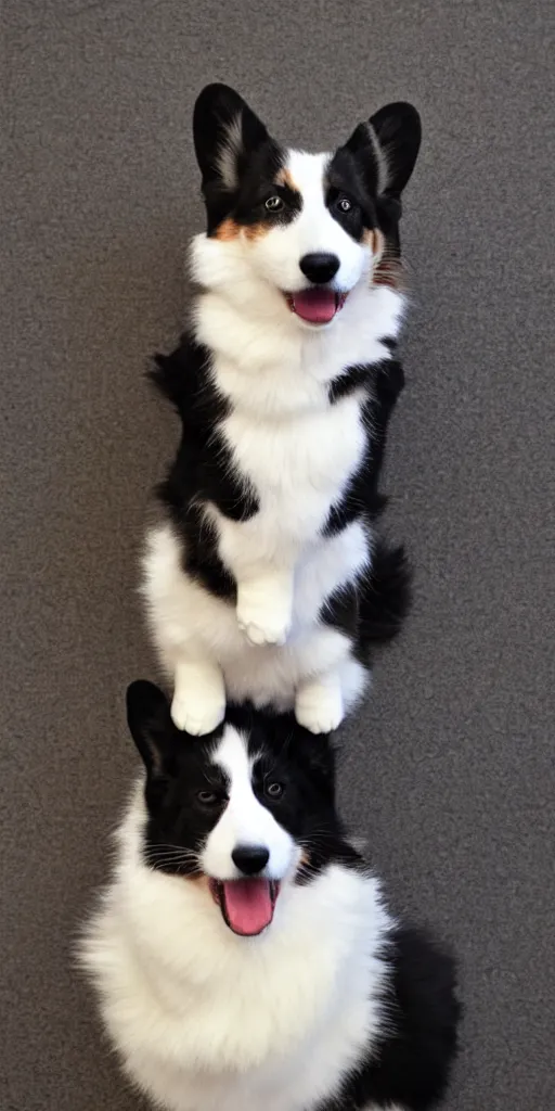 Prompt: corgi weaкing saddle, cute fluffy tuxedo cat riding on the top of him, realistic photo