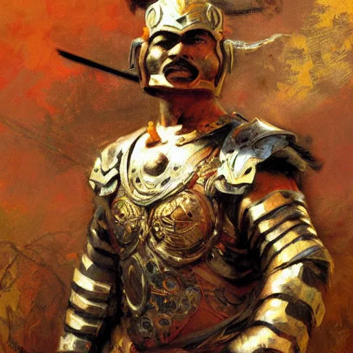 Image similar to a man wearing chinese armor, muscular, painting by Gaston Bussiere, Craig Mullins